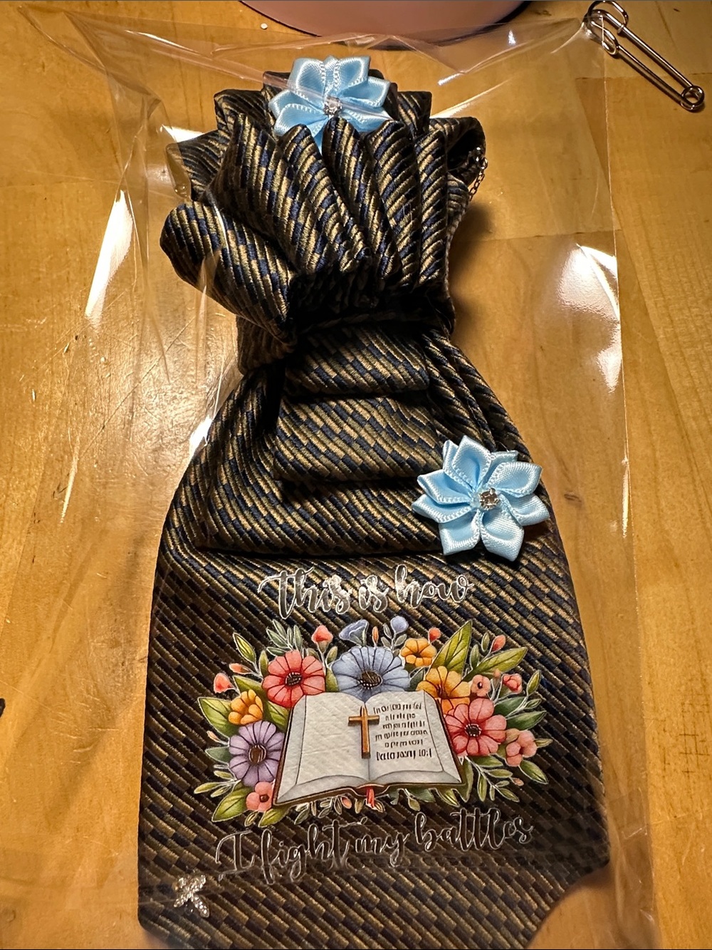 Silk Barrington Necklace Tie with Baby Blue Satan Flowers